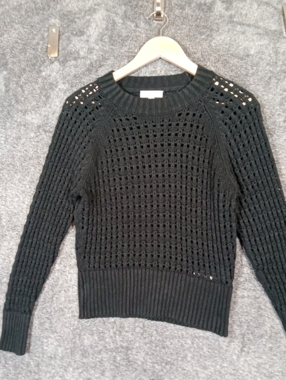 J Crew Pointelle Crewneck Sweater Black Knit Pull Over Boho Fall Womens M - Picture 4 of 8